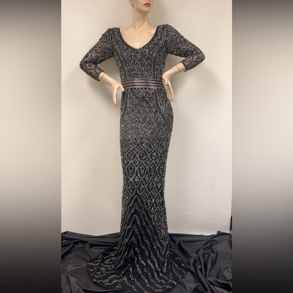 Theia 3/4 sleeves V-Neck glass beaded mosaic pattern long gown